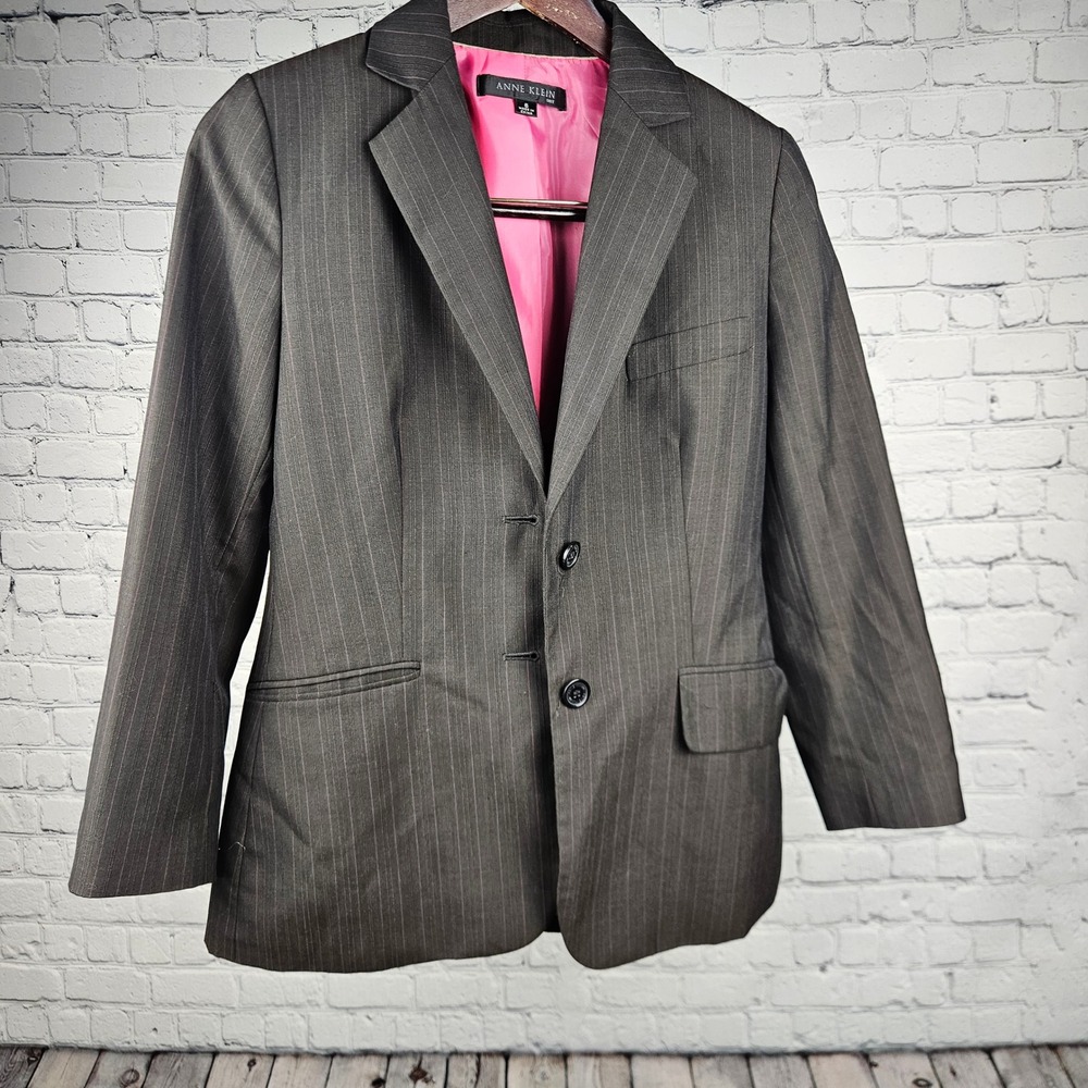 Anne Klein Suit Blazer Womens 6 Brown Pink Pinstripe Wool Blend  Hot Pink Lining